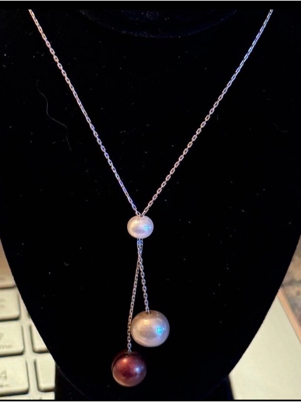 Classic Lariat Pearl Drop Necklace - Multicolor Pearls 925 Italy Sterling Silver